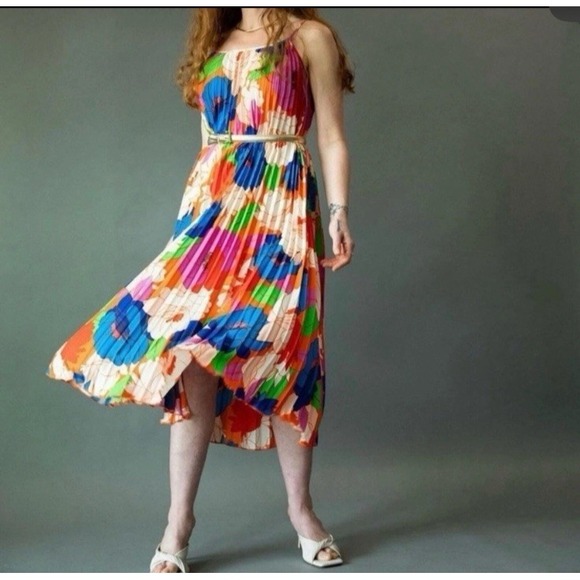 Sam Edelman Dresses & Skirts - Sam Edelman Midi Dress Retro Floral Plisse Bright Colorful Resort‎ Cruise Size M